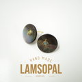 A pair of handmade Lamsopal natural opal stud earrings with iridescent shell discs and gold settings, displayed on a clean white background with text overlay.