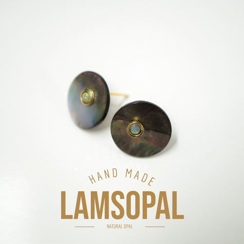 A pair of handmade Lamsopal natural opal stud earrings with iridescent shell discs and gold settings, displayed on a clean white background with text overlay.