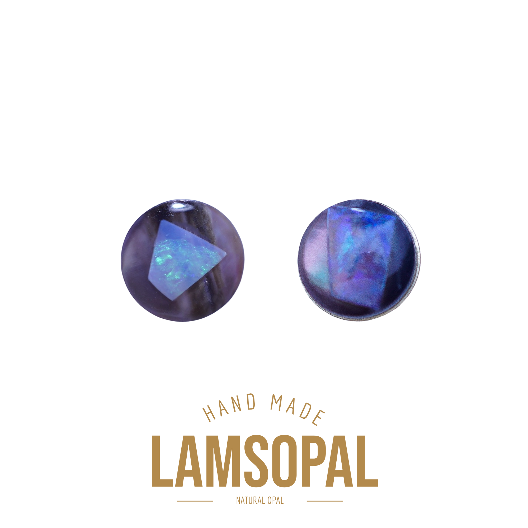 Two round natural opal cabochons with iridescent blue, purple, and black play-of-color, displayed on a white background with 'HAND MADE LAMSOPAL NATURAL OPAL' text below.