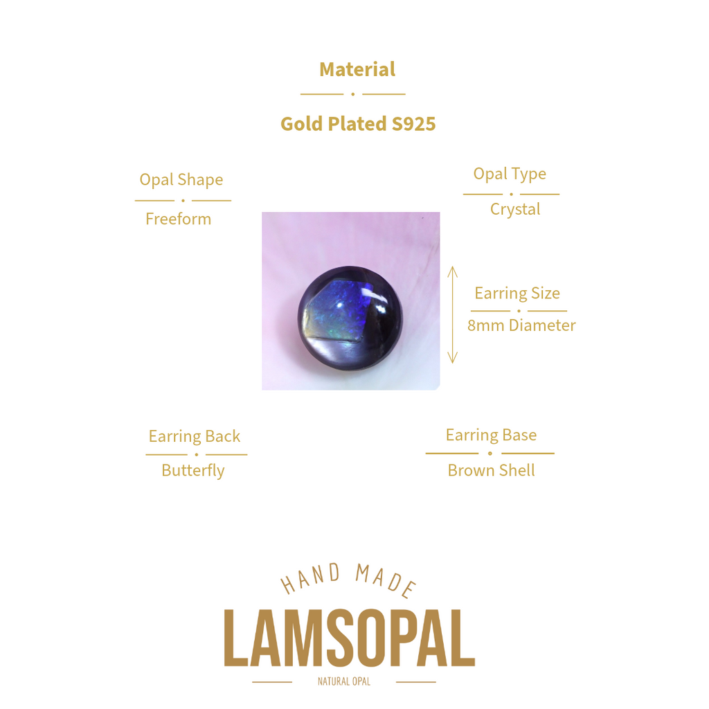 A product information graphic for a Lamsopal hand-made natural opal cabochon. The central image shows the round, dark, iridescent opal gemstone.