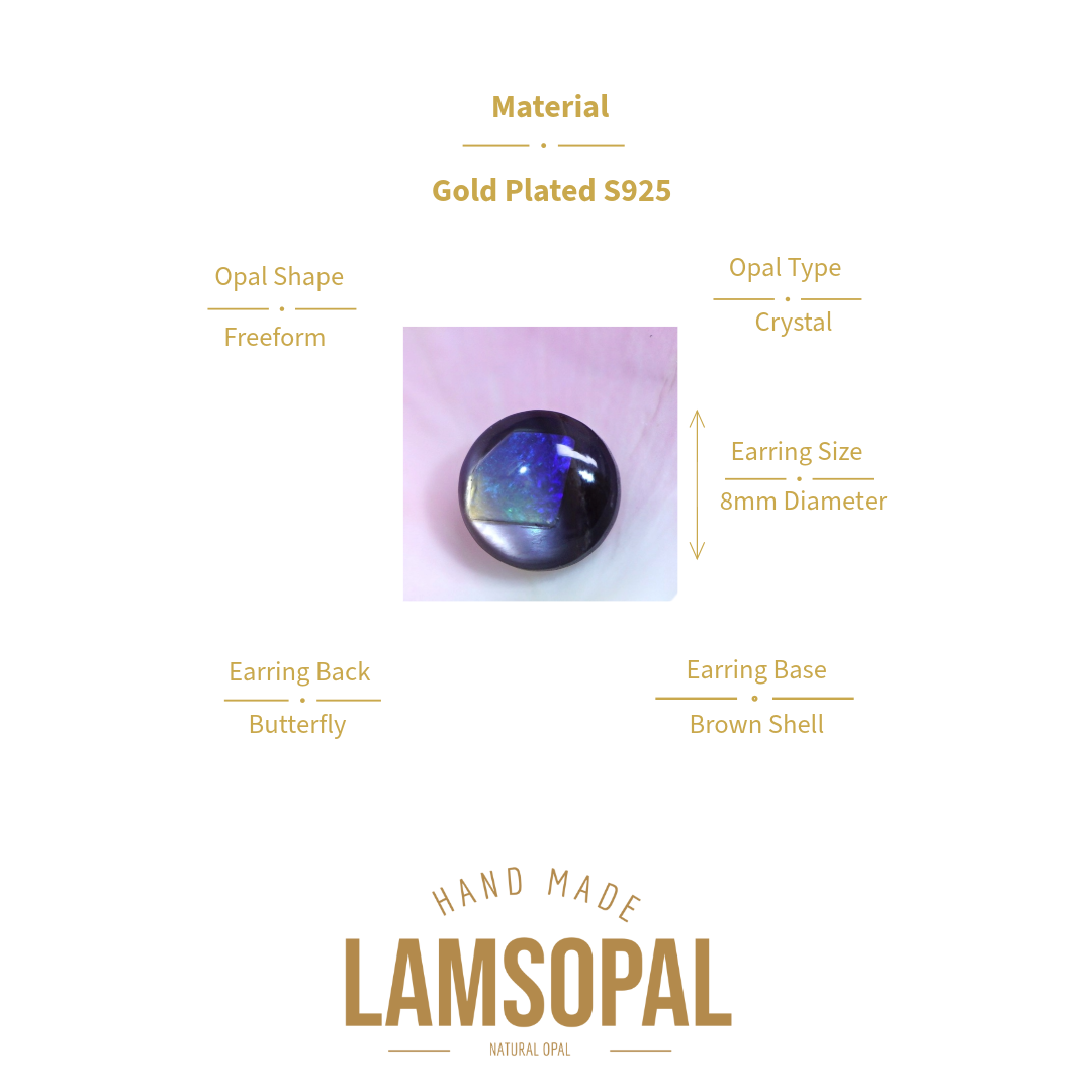 A product information graphic for a Lamsopal hand-made natural opal cabochon. The central image shows the round, dark, iridescent opal gemstone.