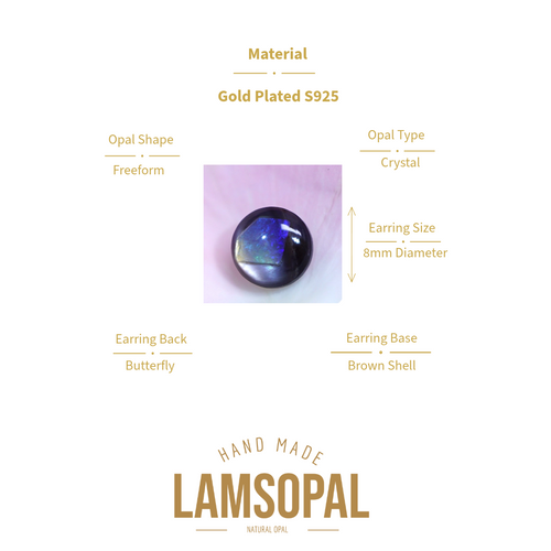 A product information graphic for a Lamsopal hand-made natural opal cabochon. The central image shows the round, dark, iridescent opal gemstone.