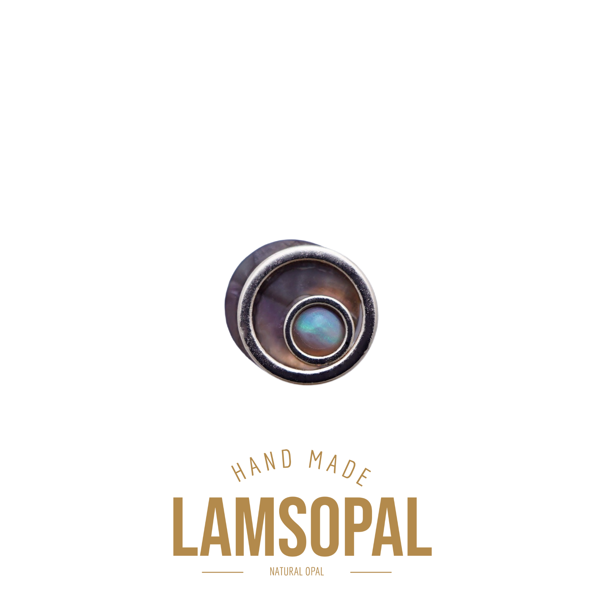 A single round labret piercing stud featuring a natural iridescent lamsonopal (natural opal) center, shown with branding text below on a solid white background.