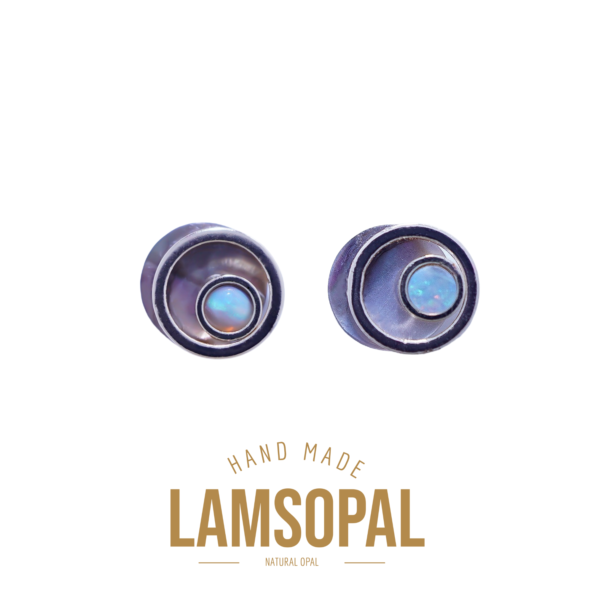 A pair of handmade Lamsopal natural opal ear plugs shown on a white background with gold text below reading 'HAND MADE LAMSOPAL NATURAL OPAL'.