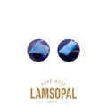 A pair of handmade Lamsopal stud earrings featuring natural opal triangles set in a dark blue bezel, with 'HAND MADE LAMSOPAL' text printed below on a white background.