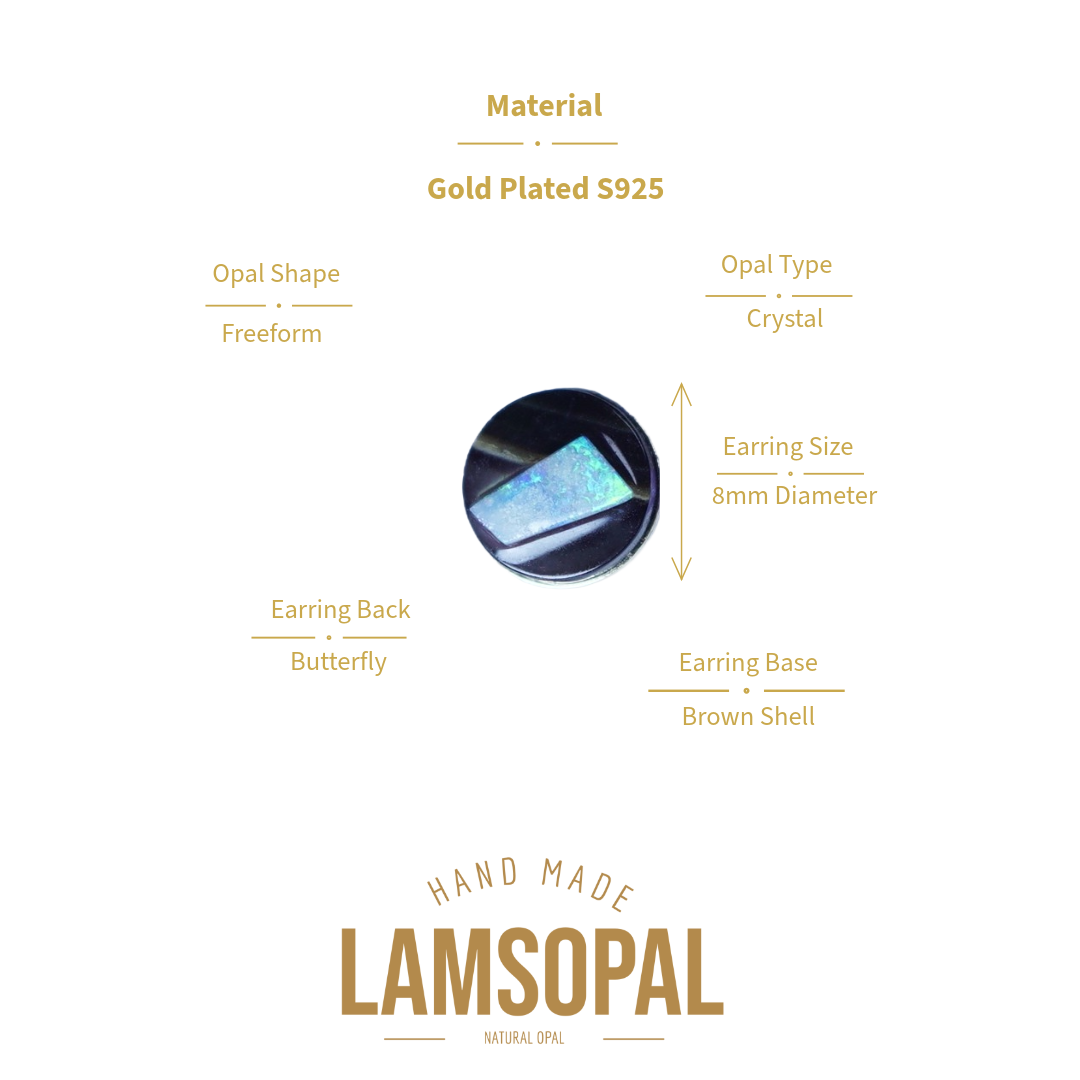 A product information graphic for a Lamsopal crystal earring. The center shows a circular close-up of a gold-plated butterfly earring with a blue and purple opal inlay.