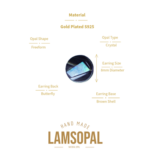 A product information graphic for a Lamsopal crystal earring. The center shows a circular close-up of a gold-plated butterfly earring with a blue and purple opal inlay.