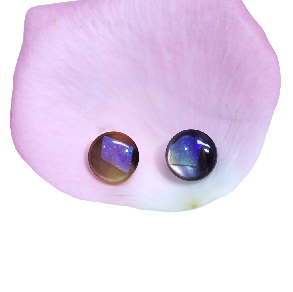 Two round cabochon gemstones, one brown with purple iridescence and one dark blue-black iridescent, displayed on a pink rose petal against a white background.