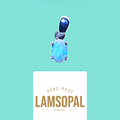A Lamsopal natural opal pendant with a silver bail, shown floating above a white card that reads 'HAND MADE LAMSOPAL NATURAL OPAL' on a solid turquoise background.
