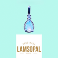 A teardrop-shaped Lamsopal pendant with a light blue iridescent center and silver-toned bezel set with small clear stones, shown above a white card printed with the brand name LAMSOPAL on a light aqua background.