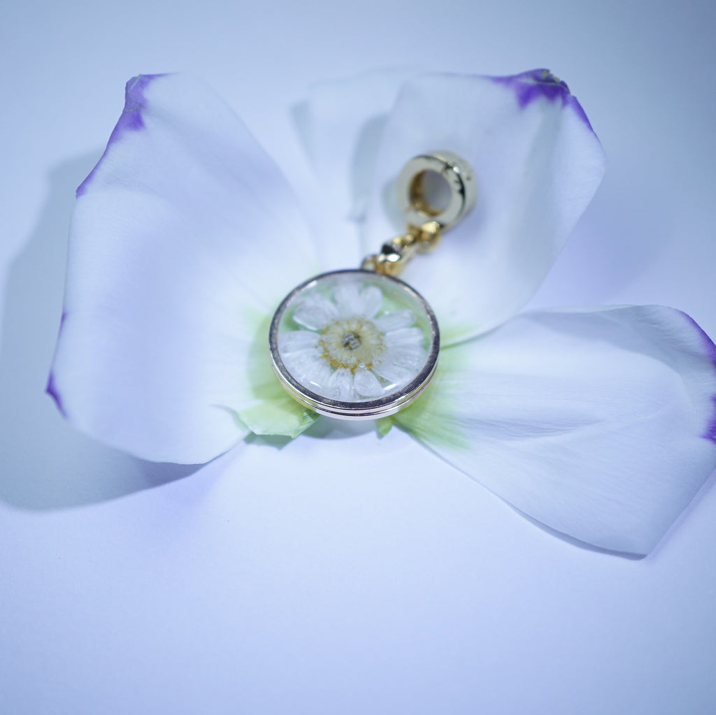 A round pendant charm with a dried white flower inside a clear dome, attached to a gold chain, resting on the petals of a white flower with purple edges.