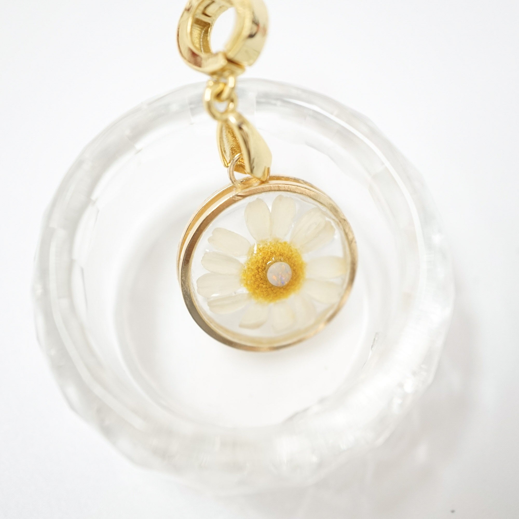 A gold-tone circular pendant charm featuring a preserved white daisy flower with a yellow center, suspended inside a clear glass dish on a white background.
