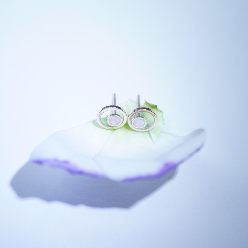 A pair of silver-toned hoop stud earrings resting on a white flower petal against a pale blue background.