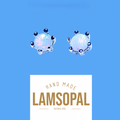 Two handmade Lamsopal natural opal stud earrings with silver settings and small dark blue beads, shown above a white label with the brand name 'LAMSOPAL' on a solid blue background.