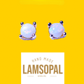 A pair of Lamsopal hand-made natural opal stud earrings in a silver-toned setting, displayed on a bright yellow background with a white label below.