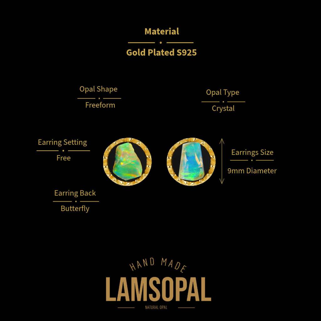Opal earrings with detailed specifications on a black background, featuring the brand 'LAMSOPAL'.