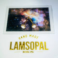 A pair of gold stud earrings with round white inlay stones, displayed on a backing card featuring a colorful galaxy print and the brand name 'LAMSOPAL'.