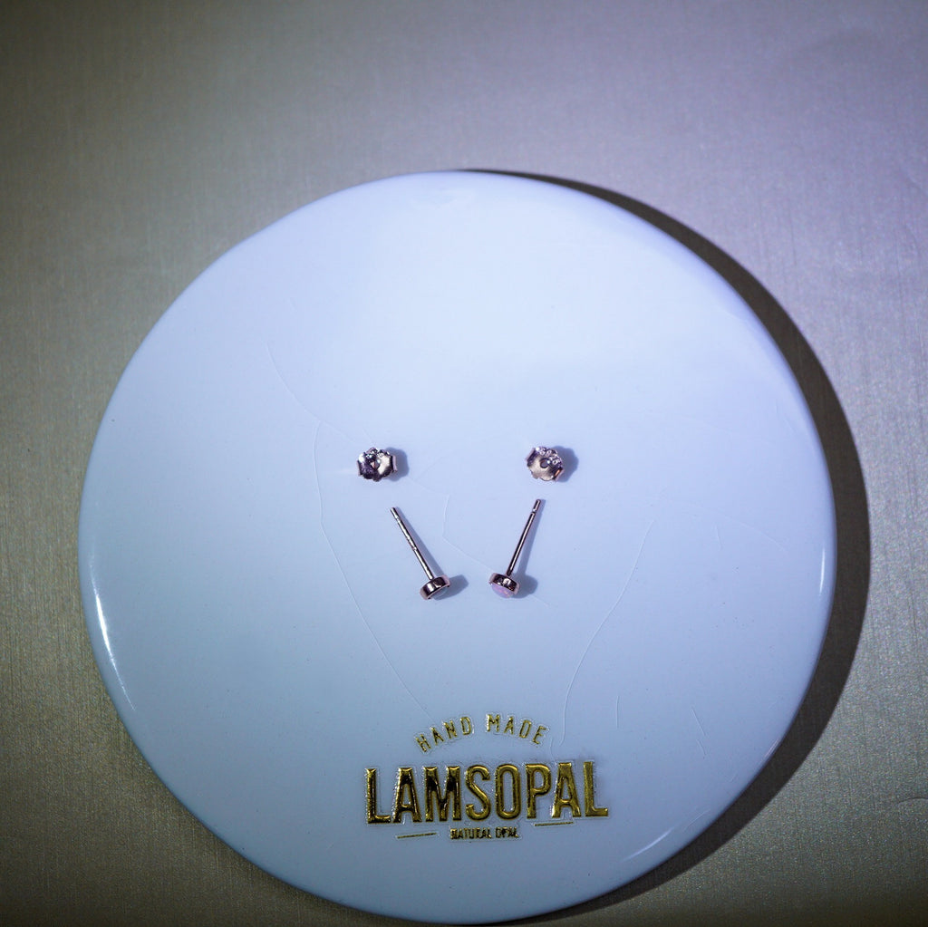 Two small silver-toned stud earrings displayed on a round white backing card with the brand name LAMSOPAL printed in gold at the bottom.