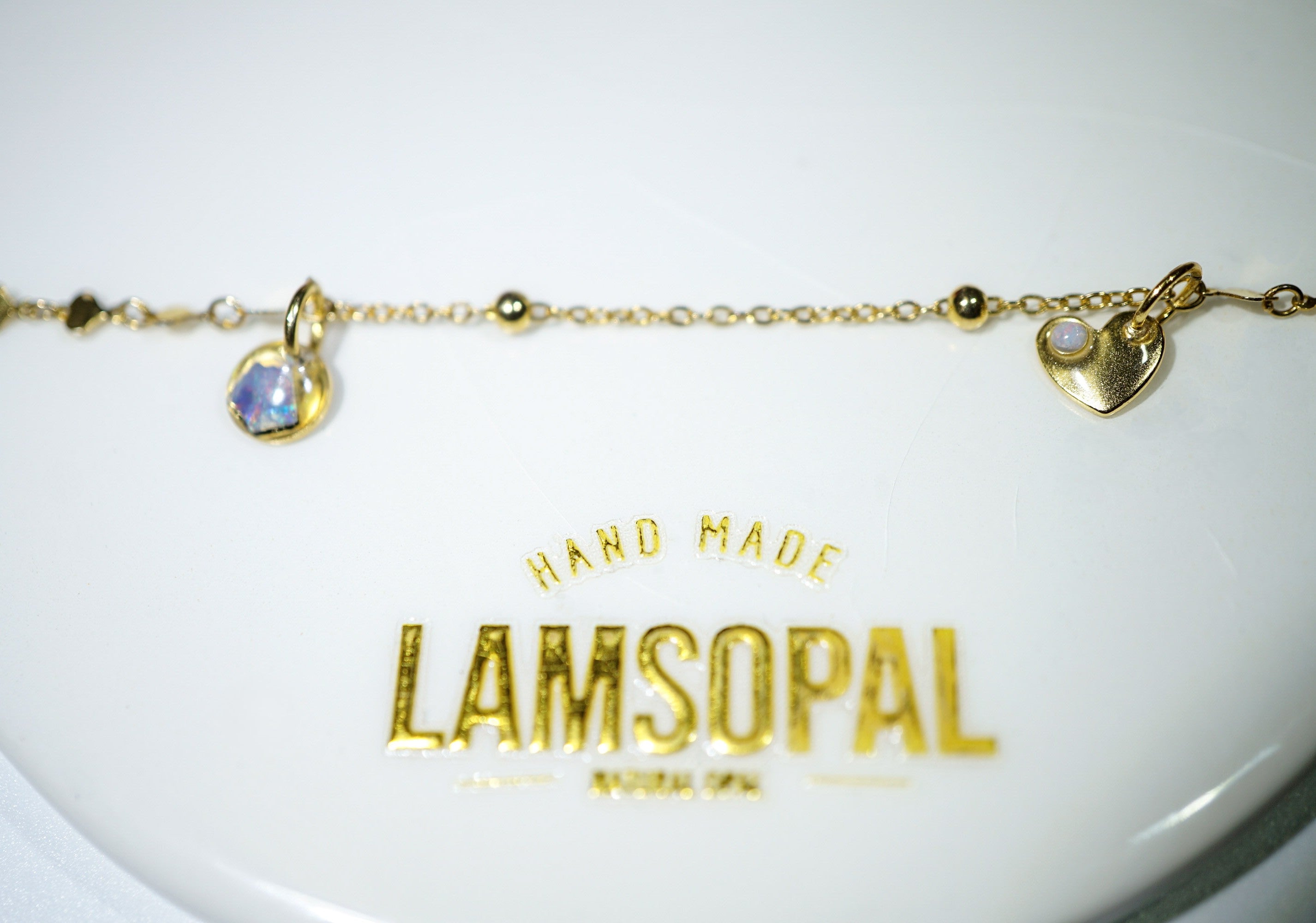 Gold Heart Shaped and Round Opal Bracelet, Mined from Coober Pedy, Australia