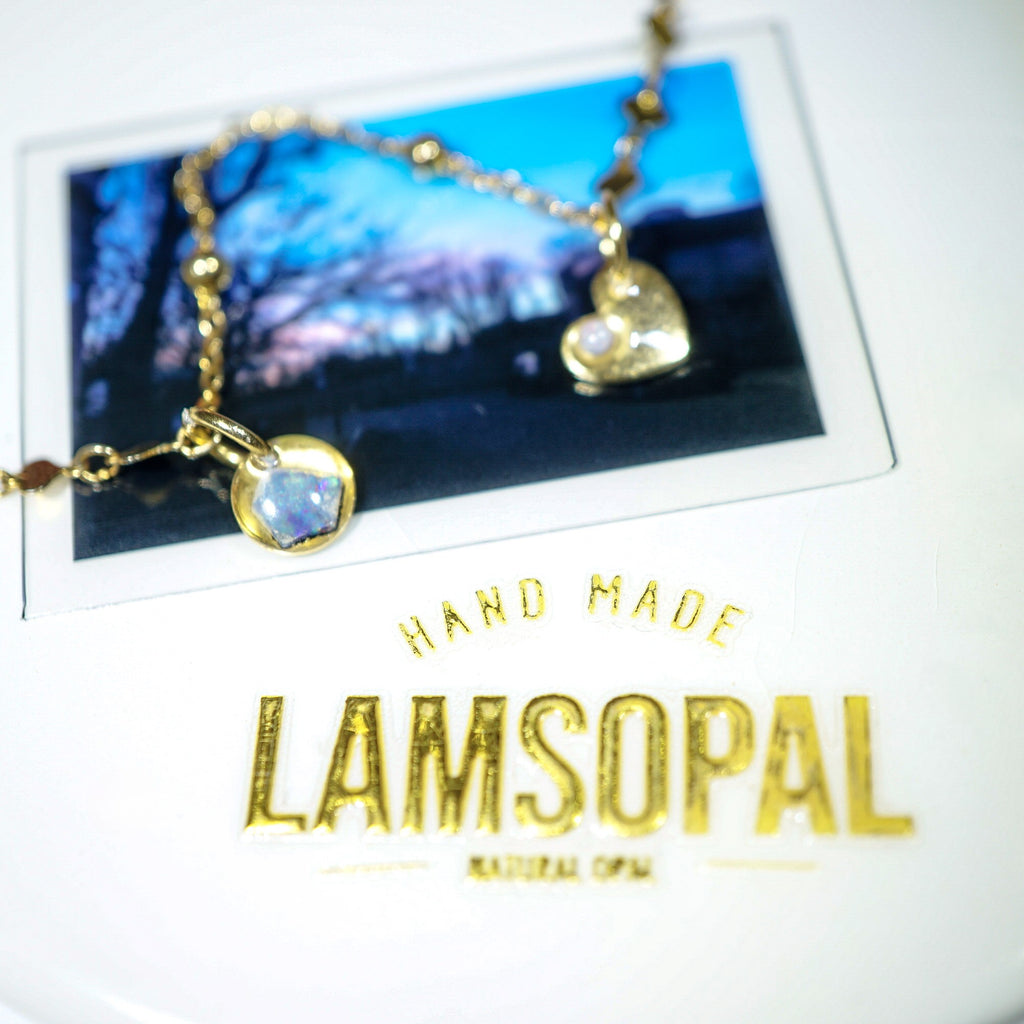 Gold Heart Shaped and Round Opal Bracelet, Mined from Coober Pedy, Australia