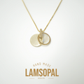 A gold disc pendant necklace with two overlapping circular pendants on a thin chain, shown against a light gray background with the text 'HAND MADE LAMSOPAL NATURAL OPAL' below.