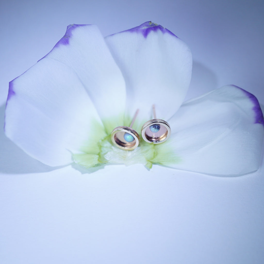 A pair of gold-toned oval stud earrings with iridescent blue-green stones, displayed on the center of a white orchid flower with purple edges against a pale blue background.