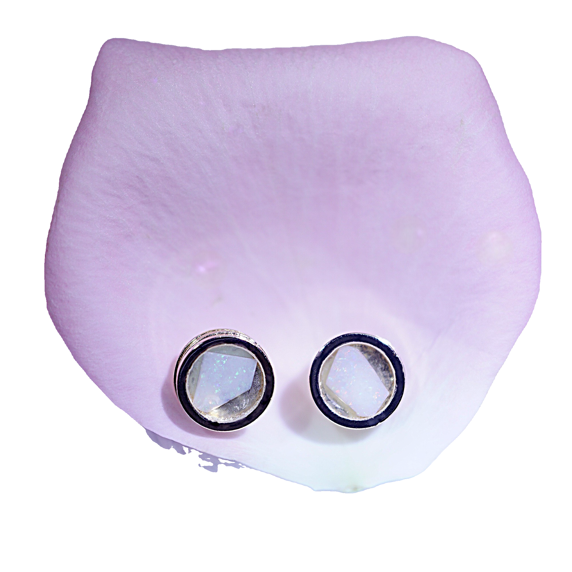 A pair of round stud earrings with clear faceted stones in silver-toned bezel settings, displayed on a pale lavender petal against a white background.