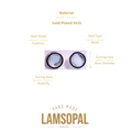 Product information graphic for Lamsopal gold-plated S925 opal earrings. The image features a central photo of two round white opal earrings with dark metal rims, surrounded by text detailing the material (Gold Plated S925), opal shape (Freeform), opal type (White), and earring size (8mm Diameter) and back style (Butterfly).