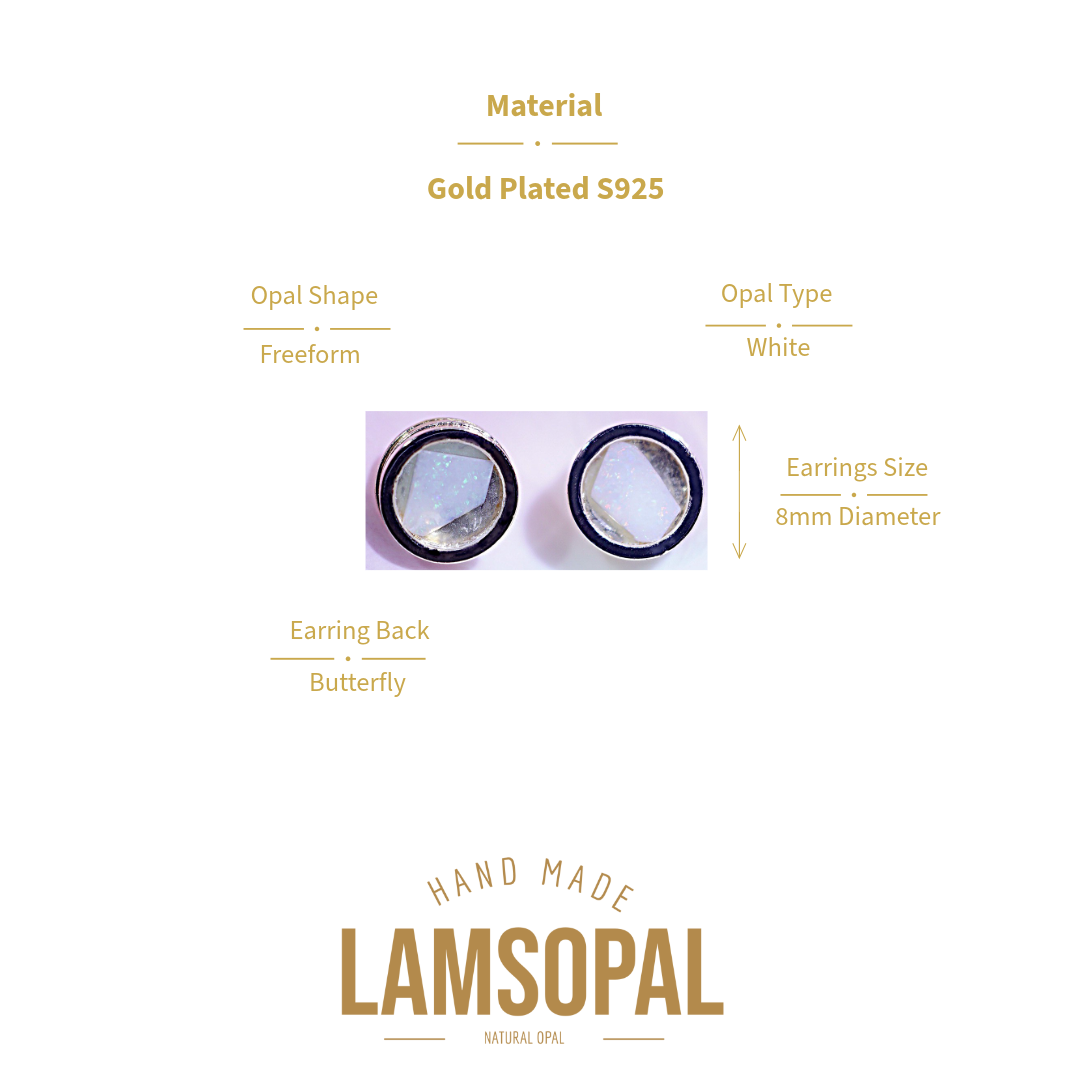 Product information graphic for Lamsopal gold-plated S925 opal earrings. The image features a central photo of two round white opal earrings with dark metal rims, surrounded by text detailing the material (Gold Plated S925), opal shape (Freeform), opal type (White), and earring size (8mm Diameter) and back style (Butterfly).