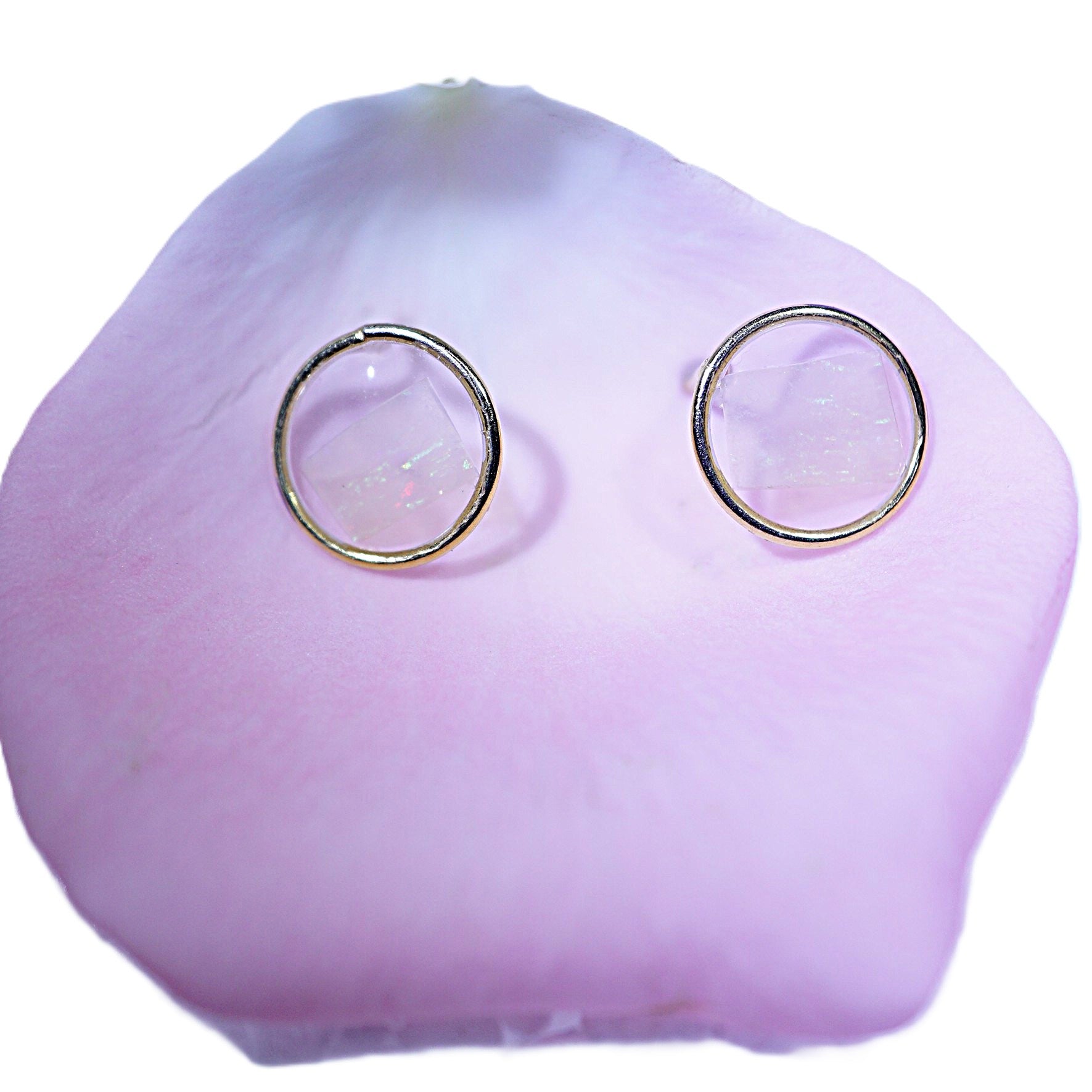A pair of gold hoop earrings displayed on a soft pink petal against a white background.