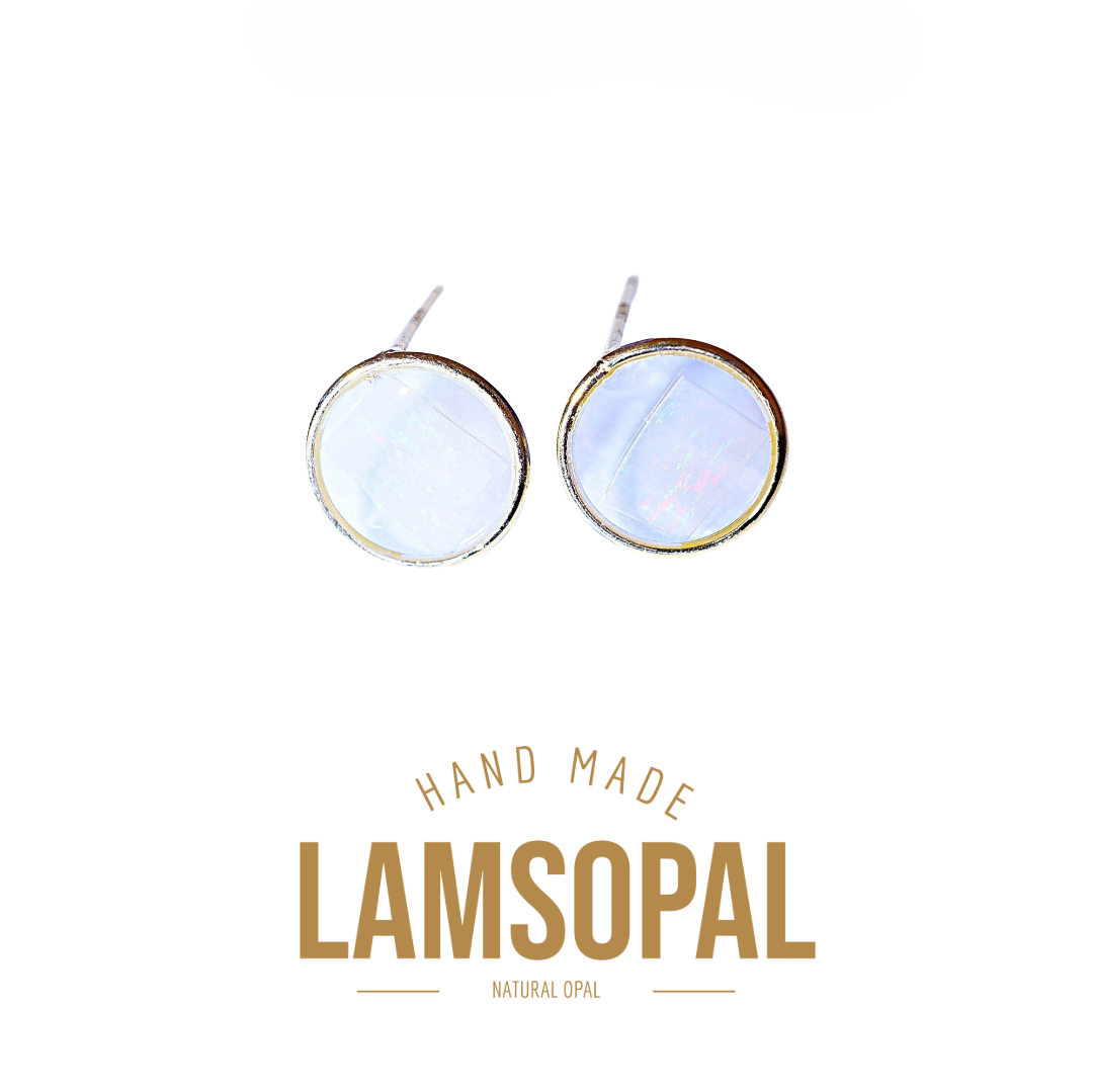 Two round Lamsopal natural opal stud earrings with gold-toned bezels and posts, displayed on a white background with 'HAND MADE LAMSOPAL' text below.