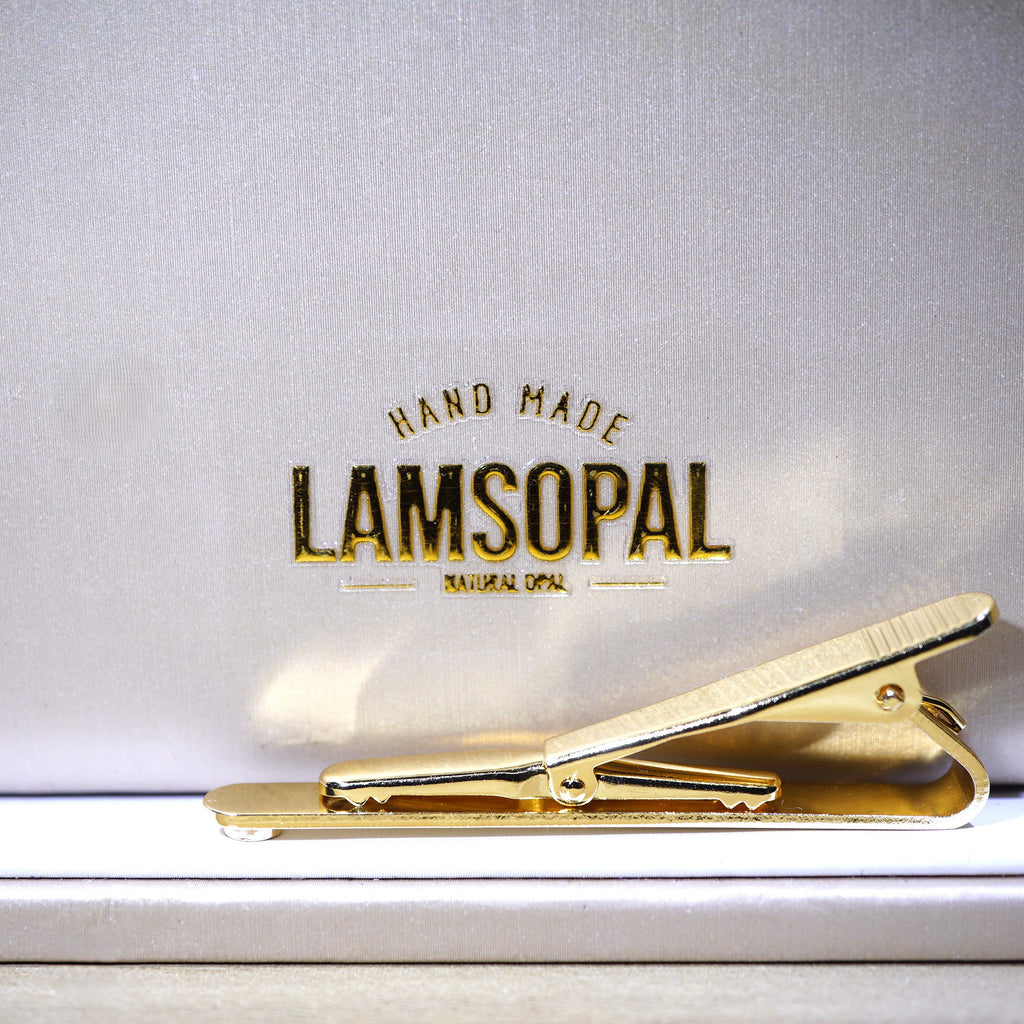A gold metal hair clip resting on a white surface in front of a textured silver-gray background with the brand name 'LAMSOPAL' printed in gold.