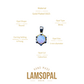 A product information graphic for a Lamsopal hand-made gold-plated cabochon opal pendant. The central product is a round white cabochon opal with dark blue bezel settings, surrounded by text detailing its specifications (Material: Gold Plated S925, Opal Shape: Round, Earring Setting: 6 Prong, Opal Size: 3 mm diameter, Opal Cut: Cabochon) on a clean white background.