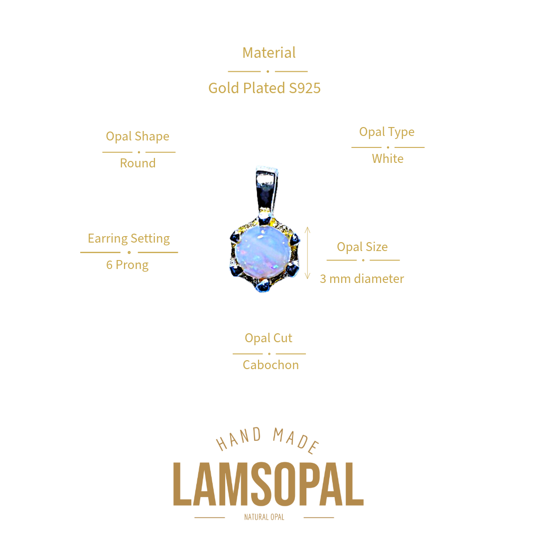 A product information graphic for a Lamsopal hand-made gold-plated cabochon opal pendant. The central product is a round white cabochon opal with dark blue bezel settings, surrounded by text detailing its specifications (Material: Gold Plated S925, Opal Shape: Round, Earring Setting: 6 Prong, Opal Size: 3 mm diameter, Opal Cut: Cabochon) on a clean white background.
