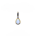 A teardrop-shaped pendant featuring a white opal gemstone in a gold bezel setting, accented with a small round blue gemstone and black enamel details at the top, shown against a plain white background.