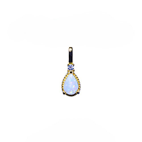 A teardrop-shaped pendant featuring a white opal gemstone in a gold bezel setting, accented with a small round blue gemstone and black enamel details at the top, shown against a plain white background.