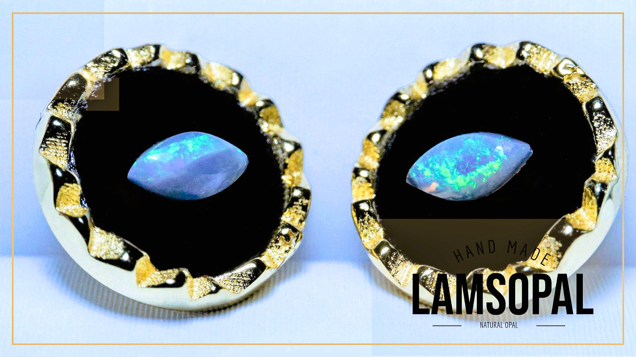 A pair of Lamsopal hand-made natural opal stud earrings with marquise-cut iridescent opal centers set in textured gold and silver bezels, displayed on a light blue background.