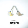 A pair of natural opal stud earrings with round iridescent cabochons on silver posts, shown on a white background with a 'LAMSOPAL' brand logo overlay.