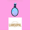 An oval pendant with a black bezel and a light blue iridescent opal center, shown above a white card that reads 'HAND MADE LAMSOPAL NATURAL OPAL' on a solid pink background.