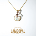 A gold chain necklace with a circular iridescent opal pendant in a rose gold setting, displayed on a clean white background with 'HAND MADE LAMSOPAL NATURAL OPAL' text below.