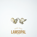 A pair of handmade Lamsopal natural opal stud earrings with gold and silver settings, displayed on a clean white background with a gold 'HAND MADE LAMSOPAL NATURAL OPAL' text overlay at the bottom.