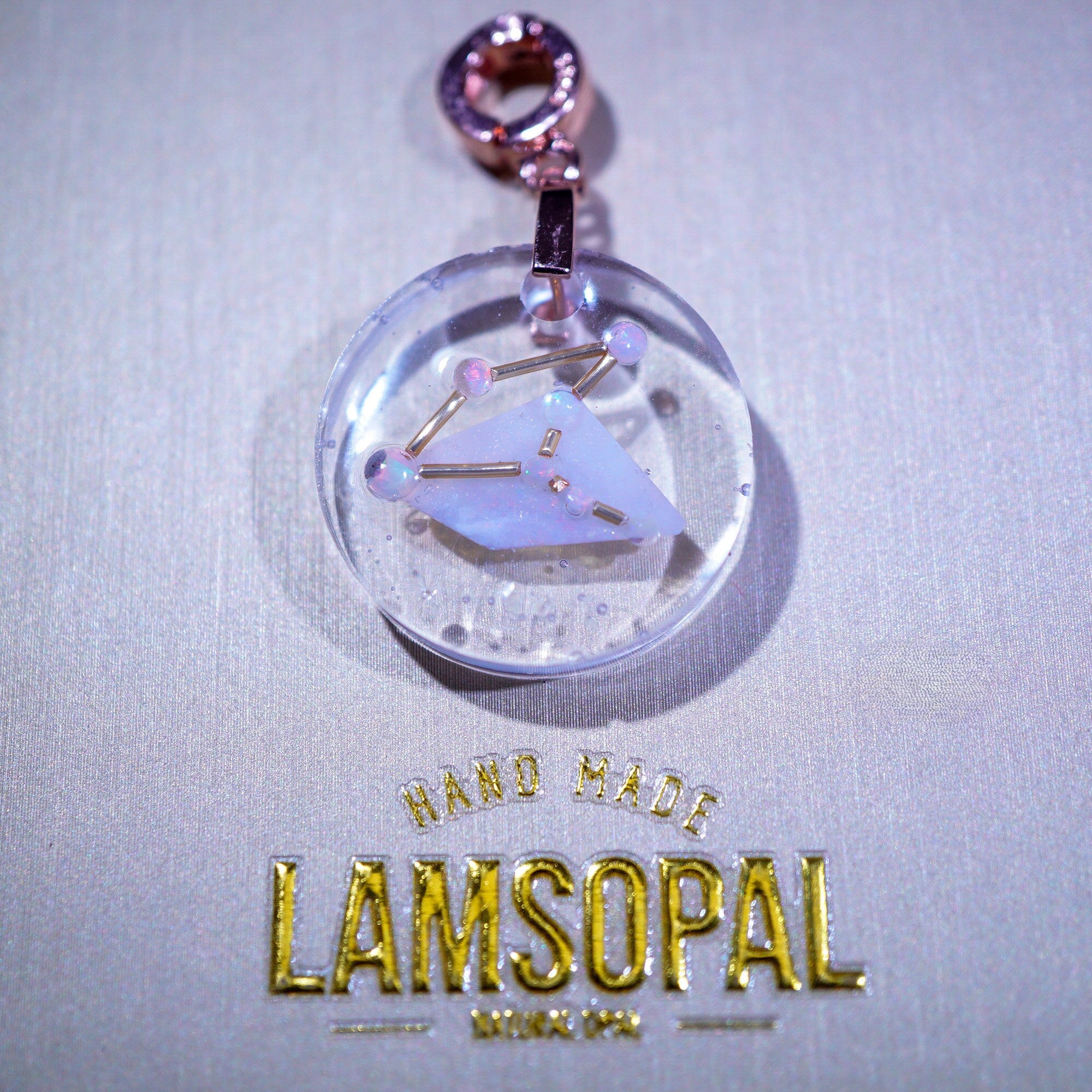 LamsOpal Jewellery Astronomy Collection Opal Virgo Pendant on Gold Background