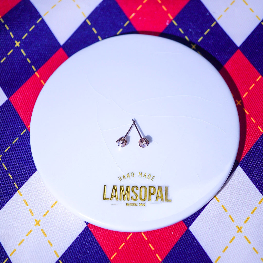 Opal Earrings on a white circular card with 'LAMSOPAL Jewellery' branding 
