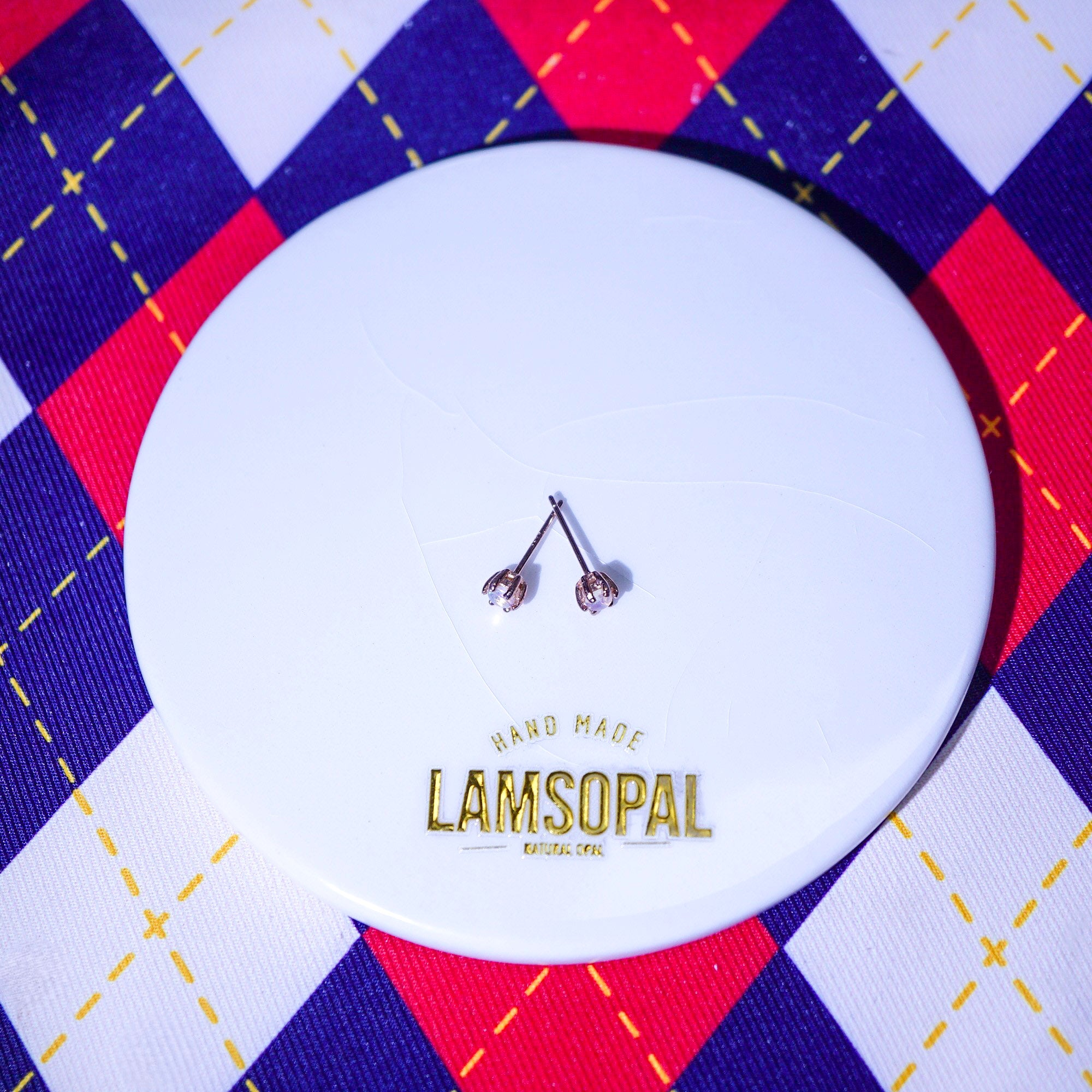 Opal Earrings on a white circular card with 'LAMSOPAL Jewellery' branding 