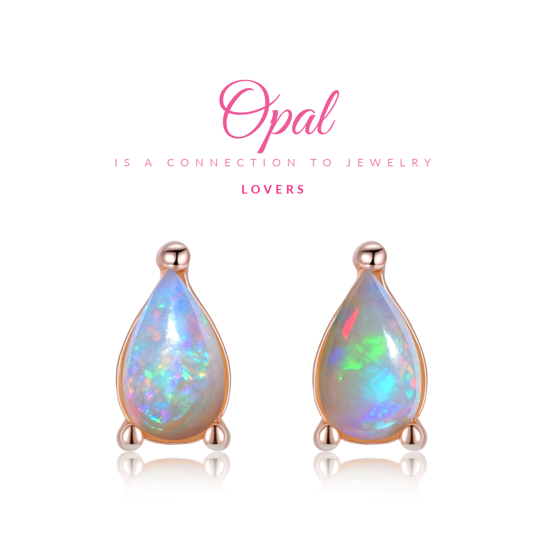 Teardrop-shaped opal earrings with rose gold setting on a white background, featuring Lamsopal branding.