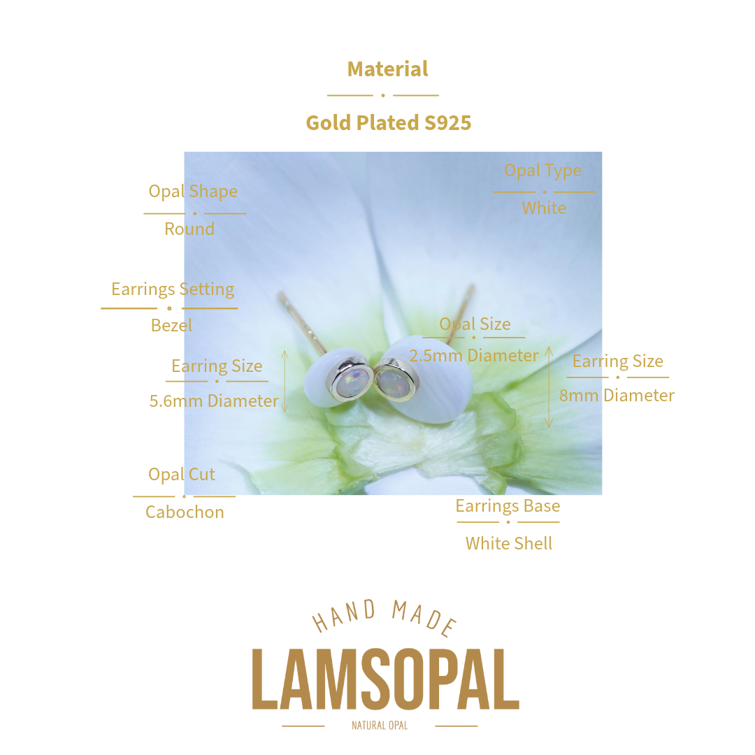 LAMSOPAL earring product details with opal and gold earrings on a white background