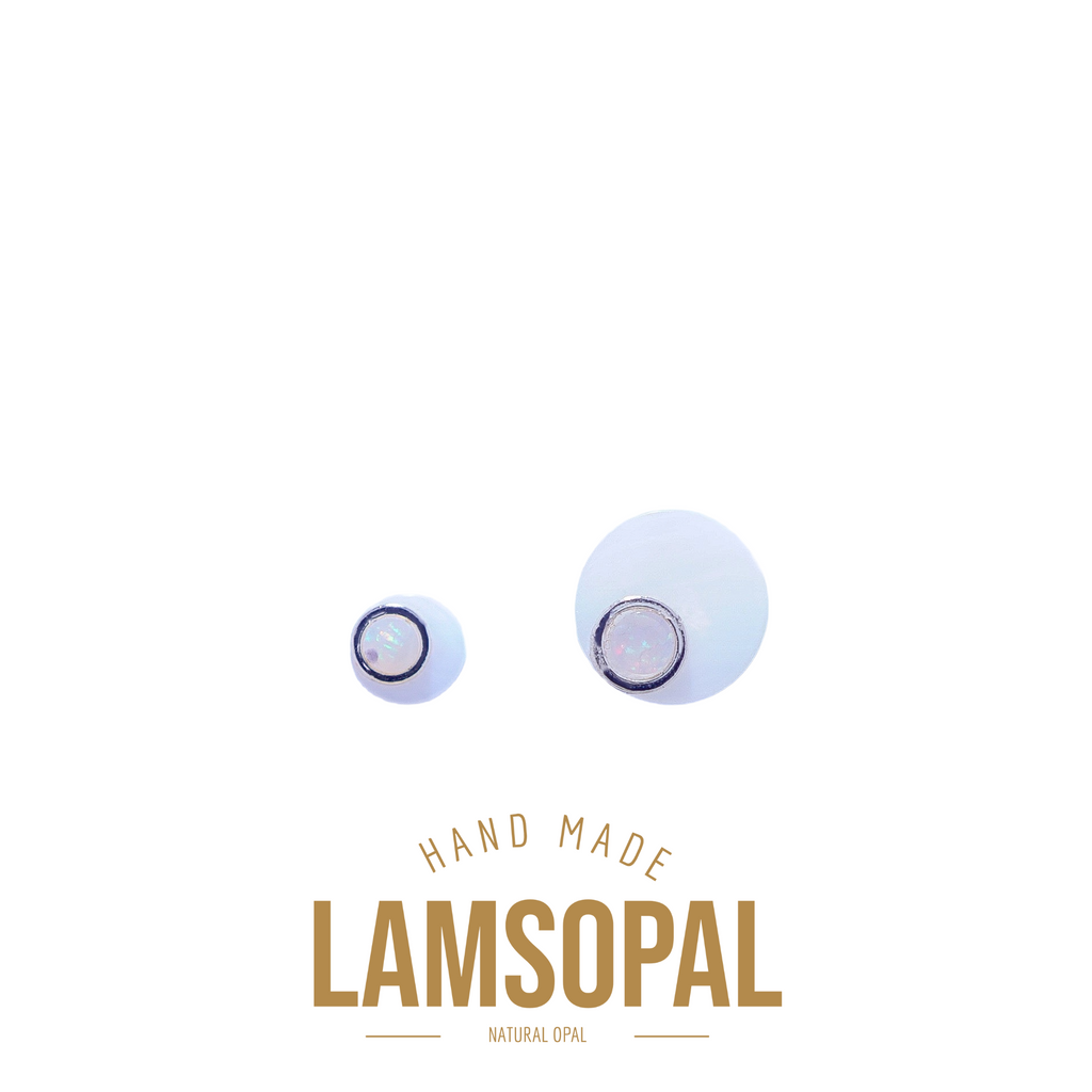 Pair of opal earrings with 'LAMSOPAL' branding on a white background