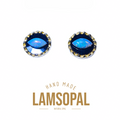 A pair of Lamsopal natural opal stud earrings with a deep blue marquise-cut opal center and a gold-toned scalloped bezel setting, shown on a white background with 'HAND MADE LAMSOPAL NATURAL OPAL' text below.