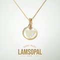 A gold necklace with a circular pendant containing a natural iridescent opal, displayed on a clean white background with 'LAMSOPAL' branding and 'HAND MADE' text below.