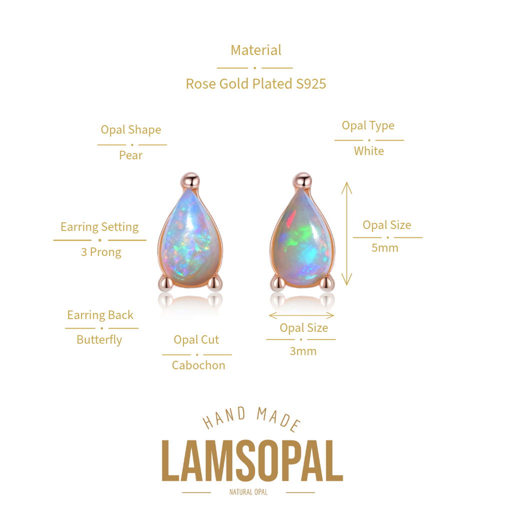Opal earrings with detailed specifications on a white background, featuring the brand 'LAMSOPAL Jewellery'.